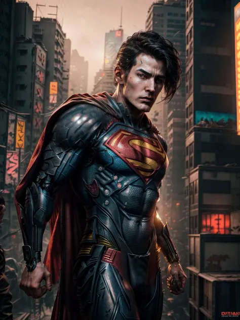 8k UHD, Photo by Nikon camera, masterpiece, (<lora:attire_superman:0.8> Superman, supermansuit, blue bodysuit, cape), (male), (man), watching viewer, 8k unreal engine render, cyberpunk, tech armor, glowing armor, neon armor, power armor, mechanical parts, tech parts, cyborg, robot, technological city full of neons, cyberpunk city, neon city, glow, action shot, detailed eyes, very vivid lighting, detailed, (vibrant, photo realistic, realistic, dramatic, dark, sharp focus), <lora:Cyberpunk_style:0.75> Cyberpunk Style, <lora:more_details:0.8>, <lora:improve_backgrounds:0.75>