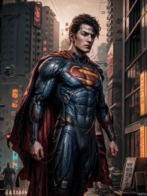 8k UHD, Photo by Nikon camera, masterpiece, (<lora:attire_superman:0.8> Superman, supermansuit, blue bodysuit, cape), (male), (man), watching viewer, 8k unreal engine render, cyberpunk, tech armor, glowing armor, neon armor, power armor, mechanical parts, tech parts, cyborg, robot, technological city full of neons, cyberpunk city, neon city, glow, action shot, detailed eyes, very vivid lighting, detailed, (vibrant, photo realistic, realistic, dramatic, dark, sharp focus), <lora:Cyberpunk_style:0.75> Cyberpunk Style, <lora:more_details:0.8>, <lora:improve_backgrounds:0.75>