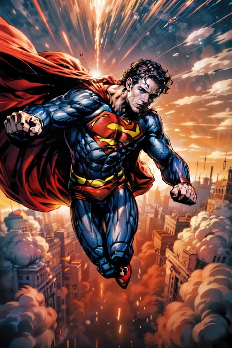 masterpiece, best quality, an epic superman from a multiverse flying at full speed towards the camera, <lora:attire_superman:1>, <lora:add_detail:1>