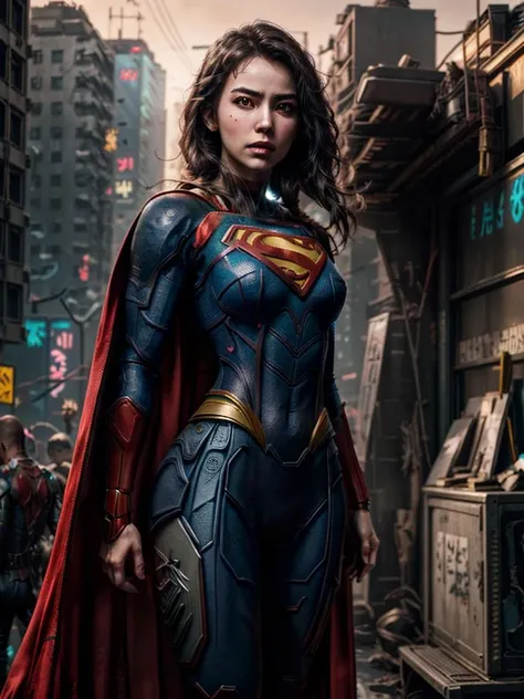 8k UHD, Photo by Nikon camera, masterpiece, (<lora:attire_superman:0.8> Supergirl, supermansuit, blue bodysuit, cape), watching viewer, 8k unreal engine render, cyberpunk, tech armor, glowing armor, neon armor, power armor, mechanical parts, tech parts, cyborg, robot, technological city full of neons, cyberpunk city, neon city, glow, action shot, detailed eyes, very vivid lighting, detailed, (vibrant, photo realistic, realistic, dramatic, dark, sharp focus),  <lora:Cyberpunk_style:0.75> Cyberpunk Style, <lora:more_details:0.8>, <lora:improve_backgrounds:0.75>