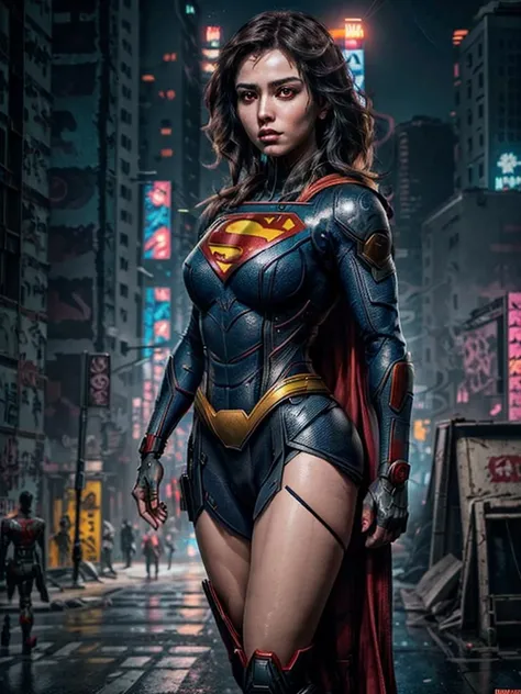 8k, Realistic, Charm, Very detailed, sexy and Charm woman inspired by super Man wearing a super Man costume. She dresses with sexiness and confidence, A perfect interpretation of Superman,Strength and charisma. Cyberpunk style city night view, a sexy and Charm woman takes super Man コスプレをテーマに. Wearing a shiny Superman costume, She is standing on a street lined with skyscrapers. The night view of the city is bright, Add a touch of futuristic technology. The surrounding buildings and streets are full of cyberpunk elements, Neon lights etc., High-tech equipment and futuristic architectural design. The whole scene is filled with a futuristic, sci-fi feel.. This high resolution, High quality images bring you great visual enjoyment, Sexy combination, Futuristic and sci-fi elements. OC Rendering, Dramatic lighting, Award-winning quality