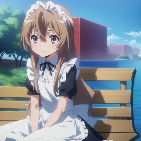 ,best quality, masterpiece, highly detailed,1girl,solo,outdoor,smile,maid,sitting,bench,
 <lora:taiga2:0.8:0.9:lbw=1,0,0,1,1,1,1,1,1,1,0,0,0,1,0,0,0,1,1,1,1,1,1,1,1,1>,aataiga,brown_hair,long_hair,brown_eyes,bangs,hair_between_eyes,