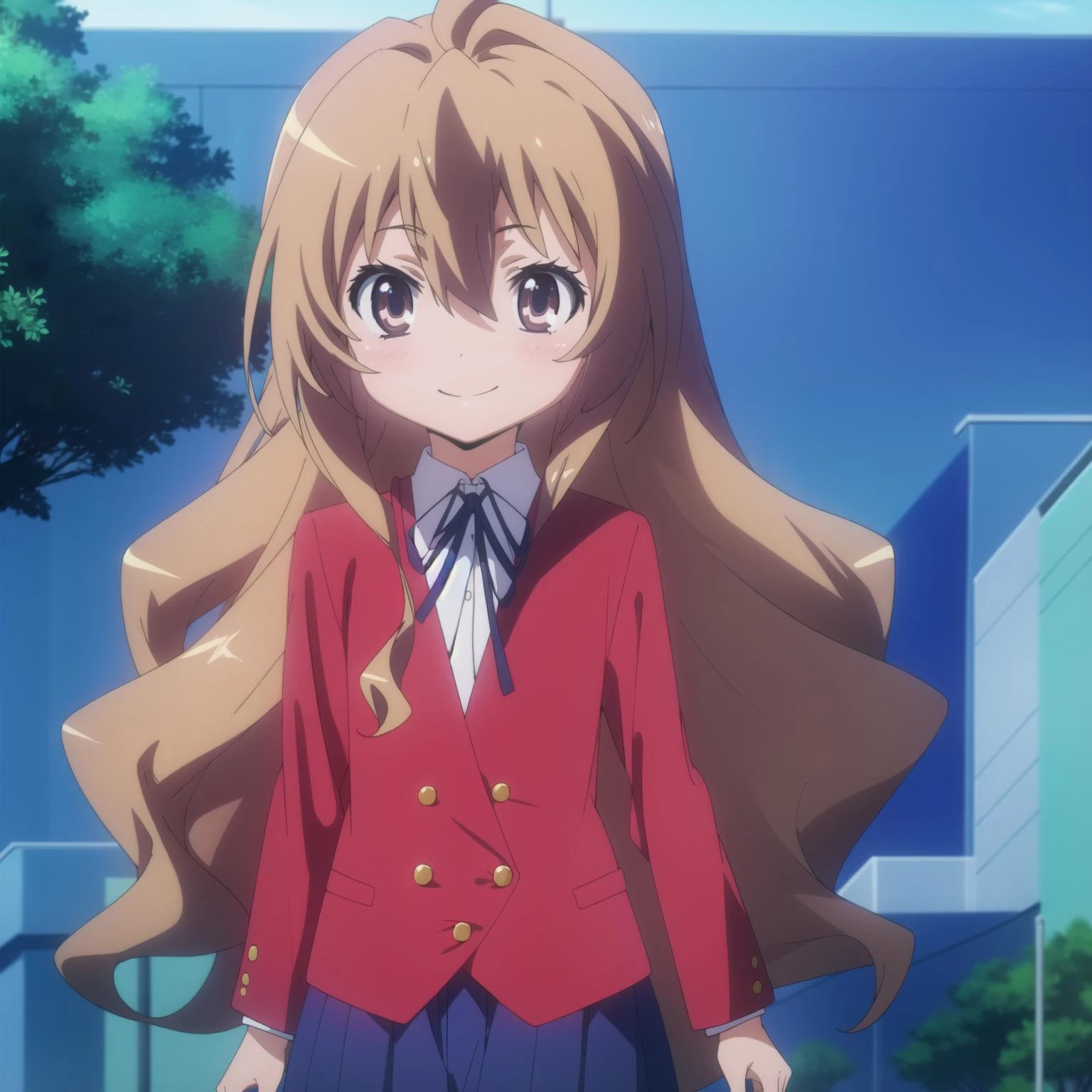 ,best quality, masterpiece, highly detailed,1girl,solo,outdoor,smile,
<lora:taiga2:0.9:0.95:lbw=1,0,0,1,1,1,1,1,1,1,0,0,0,1,0,0,0,1,1,1,1,1,1,1,1,1>,aataiga,brown_hair,long_hair,brown_eyes,bangs,hair_between_eyes,aauniform,oohashi_high_school_uniform,school_uniform,skirt,jacket,blazer,ribbon,red_jacket,black_ribbon,pleated_skirt,neck_ribbon,blue_skirt,