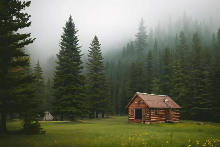 landscape, dark forest, day, fog, cabin, atmospheric