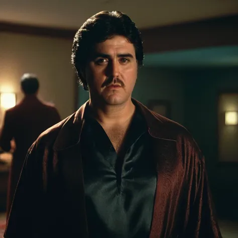 cinematic film still of <lora:Boogie Nights:1>
In the 1970's Alfred Molina a man in a robe standing in a room with a black shotgun,solo,shirt,black hair,1boy,jewelry,male focus,open clothes,necklace,bracelet,open shirt,facial hair,realistic,mustache , dramatic light, dramatic shadow light, contrast, cinematic color, cinematic look, filmic, realistic, realism, perfection, perfect, Kodak, Kodak film, movie still, Boogie Nights style, Boogie Nights Film style, shallow depth of field, vignette, highly detailed, high budget, bokeh, cinemascope, moody, epic, gorgeous, film grain, grainy