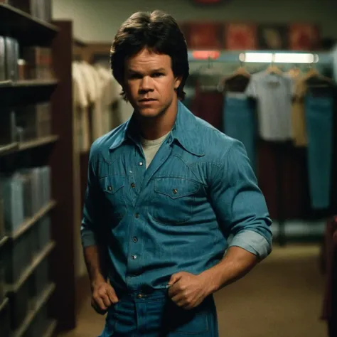 cinematic film still of  <lora:Boogie Nights:1>
In the 1970's Dirk Diggler Eddie Adams Mark Wahlberg  a man is standing in a clothing store,shirt,black hair,male focus,pants,hand on hip,facial hair,denim,jeans,realistic , dramatic light, dramatic shadow light, contrast, cinematic color, cinematic look, filmic, realistic, realism, perfection, perfect, Kodak, Kodak film, movie still, Boogie Nights style, Boogie Nights Film style, shallow depth of field, vignette, highly detailed, high budget, bokeh, cinemascope, moody, epic, gorgeous, film grain, grainy