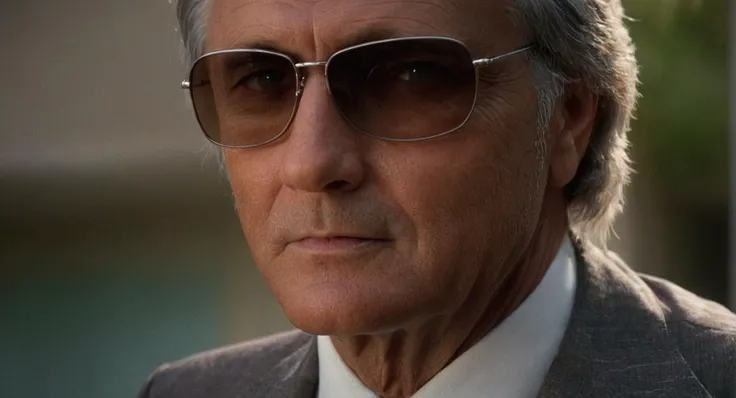 cinematic film still of <lora:Boogie Nights:1>
In the 1970's a closeup of Robert Ridgely a man wearing a suit and tie smiling,solo,looking at viewer,smile,shirt,1boy,white shirt,grey hair,male focus,glasses,teeth,collared shirt,blurry,blurry background,facial hair,sunglasses,portrait,realistic,stubble,old,old man,wrinkled skin , dramatic light, dramatic shadow light, contrast, cinematic color, cinematic look, filmic, realistic, realism, perfection, perfect, Kodak, Kodak film, movie still, Boogie Nights style, Boogie Nights Film style, shallow depth of field, vignette, highly detailed, high budget, bokeh, cinemascope, moody, epic, gorgeous, film grain, grainy