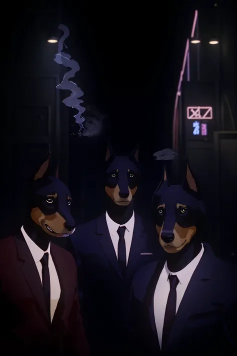 a group of dogs in suits and ties, smoking, no humans, red jacket, neon, matsuno osomatsu, (masterpiece:1.1), (best quality:1.1), ultra high res, beautiful, (intricate details), unity 8k wallpaper, ultra detailed, beautiful, aesthetic, perfect lighting, <lora:Lone_Digger:1>