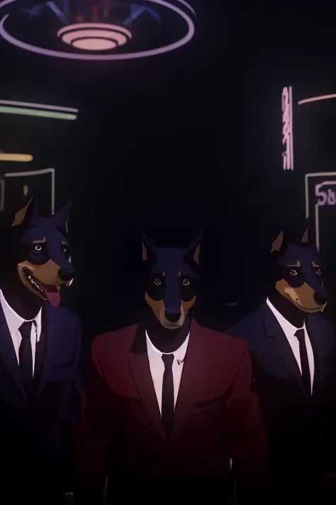a group of dogs in suits and ties, no humans, red jacket, neon, matsuno osomatsu, (masterpiece:1.1), (best quality:1.1), ultra high res, beautiful, (intricate details), unity 8k wallpaper, ultra detailed, beautiful, aesthetic, perfect lighting, <lora:Lone_Digger:1>