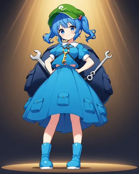 kawashiro nitori,1girl, solo, backpack, green_headwear, wrench, hair_bobbles, smile, key, blue_skirt, blue_footwear, hand_on_hip, looking_at_viewer, puffy_short_sleeves, twintails, boots, closed_mouth, pocket, flat_cap, blue_shirt, holding, standing, medium_breasts, two_side_up, blush
<lora:kawashiro_nitori_image4714_2023-12-17:1>,star-shaped_pupils,symbol-shaped_pupils,. gorgeous,key visual, vibrant, studio anime,award-winning, professional, highly detailed,high budget, cinemascope