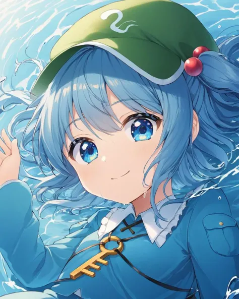 kawashiro nitori,1girl, solo, hair_bobbles, water, key, long_sleeves, smile, two_side_up, looking_at_viewer, partially_submerged, on_back, green_headwear, closed_mouth, flat_cap, blue_shirt, blue_skirt, pocket, upper_body, wet
<lora:kawashiro_nitori_image4714_2023-12-17:1>,star-shaped_pupils,symbol-shaped_pupils,. gorgeous,key visual, vibrant, studio anime,award-winning, professional, highly detailed,high budget, cinemascope