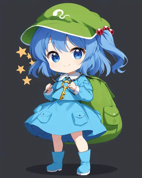 kawashiro nitori,1girl, solo, green_headwear, key, hair_bobbles, two_side_up, long_sleeves, white_background, backpack, boots, smile, blue_skirt, flat_cap, full_body, simple_background, looking_at_viewer, pocket, standing, blue_footwear, closed_mouth, holding, crowbar, blue_shirt, chibi
<lora:kawashiro_nitori_image4714_2023-12-17:1>,star-shaped_pupils,symbol-shaped_pupils,. gorgeous,key visual, vibrant, studio anime,award-winning, professional, highly detailed,high budget, cinemascope