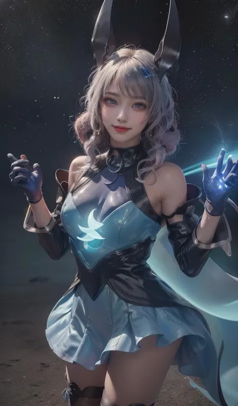 (Best Quality, Masterpiece:1.4), (Realism:1.2), (Realisitc:1.2), (Absurdres:1.2), (photorealistic:1.3), 1 girl,Realistic Skin,Solo, <lora:add_detail:0.5>,<lora:fitgirl_v10:0.6>,Fantasy World,Colorful Scene,<lora:Liliana_Wave:0.8>,Starry BackGround,Glowing Blue Dress,thigh High,Gloves,Long Sleeves,Sparkling Lights,Neon Light