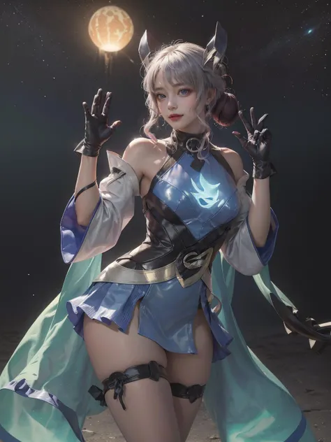 (Best Quality, Masterpiece:1.4), (Realism:1.2), (Realisitc:1.2), (Absurdres:1.2), (photorealistic:1.3), 1 girl,Realistic Skin,Solo, <lora:add_detail:0.5>,<lora:fitgirl_v10:0.6>,Fantasy World,Colorful Scene,<lora:Liliana_Wave:0.8>,Twin Buns,Starry BackGround,Glowing Blue Dress,thigh High,Detached SLeeves,Gloves,Neon Light,Amazing Body Shape