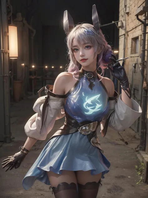 (Best Quality, Masterpiece:1.4), (Realism:1.2), (Realisitc:1.2), (Absurdres:1.2), (photorealistic:1.3), 1 girl,Realistic Skin,Solo, <lora:add_detail:1>,<lora:fitgirl_v10:0.6>,Fantasy World,Colorful Scene,<lora:Liliana_Wave:1>,Twin Buns,Starry BackGround,Glowing Blue Dress,thigh High,Gloves,Long Sleeves,Sparkling Lights,Neon Light,Amazing Body Shape