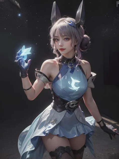 (Best Quality, Masterpiece:1.4), (Realism:1.2), (Realisitc:1.2), (Absurdres:1.2), (photorealistic:1.3), 1 girl,Realistic Skin,Solo, <lora:add_detail:0.5>,<lora:fitgirl_v10:0.6>,Fantasy World,Colorful Scene,<lora:Liliana_Wave:0.8>,Twin Buns,Starry BackGround,Glowing Blue Dress,thigh High,Gloves,Neon Light,Amazing Body Shape