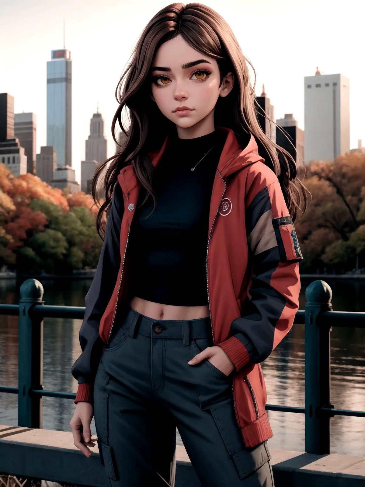 (ErinNobodySD15:0.7), AS-Adult,
woman, light brown eyes, dark brown hair, flat chest, small breasts, muscular, biceps, urban outfit, Caucasian, cute,
central park New York city, city park, outside, modern, looking at viewer, facing the viewer, sunset, string lights,
(masterpiece:1.2) (best quality:1.2) (detailed) (8k) (HDR) (cinematic lighting) (sharp focus) (detailed eyes),
<lora:hair_length_slider_v1:-0.6>
<lora:fitgirl_v10:0.3> fit,
<lora:edgAsianUrbanGal:0.7> wearing Urban_Gal,