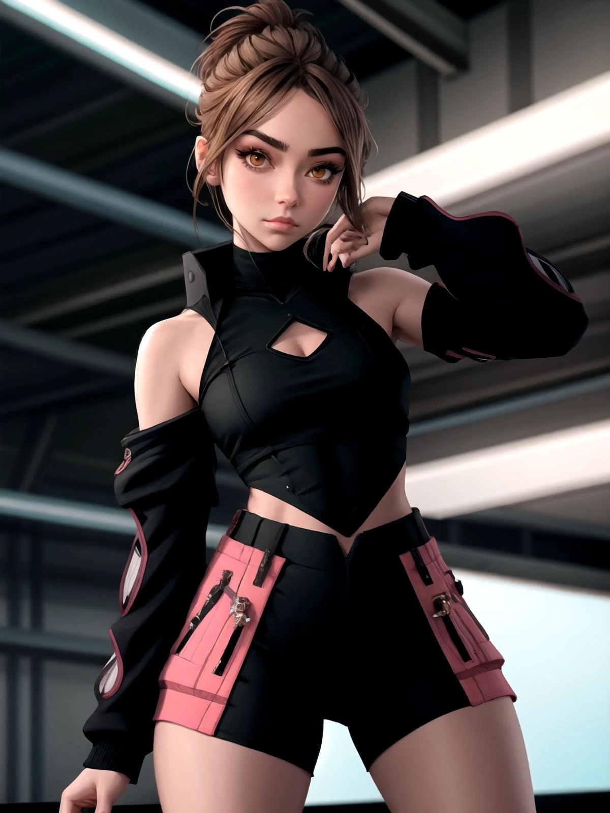(ErinNobodySD15:0.7), AS-Adult,
woman, light brown eyes, dark brown hair, flat chest, small breasts, muscular, biceps, pastel pink urban outfit, Caucasian, cute,
modern, looking at viewer, facing the viewer,
(masterpiece:1.2) (best quality:1.2) (detailed) (8k) (HDR) (cinematic lighting) (sharp focus) (detailed eyes),
<lora:hair_length_slider_v1:-0.6>
<lora:fitgirl_v10:0.3> fit,
<lora:edgAsianUrbanGal:0.9> wearing Urban_Gal,