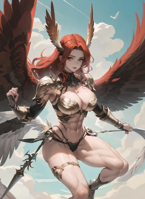 1girl, beautiful, perfect lighting, muscular, thighs, mature female, milf, navel, abs, looking at viewer (masterpiece, high quality:1.1) <lora:MuscleGirl_v1:0.9> <lora:AngelicWarriors_v1:0.6>,valkyrie, pale skin, winged helmet, red hair,hawk wings,flying, sky,leg muscles,long hair