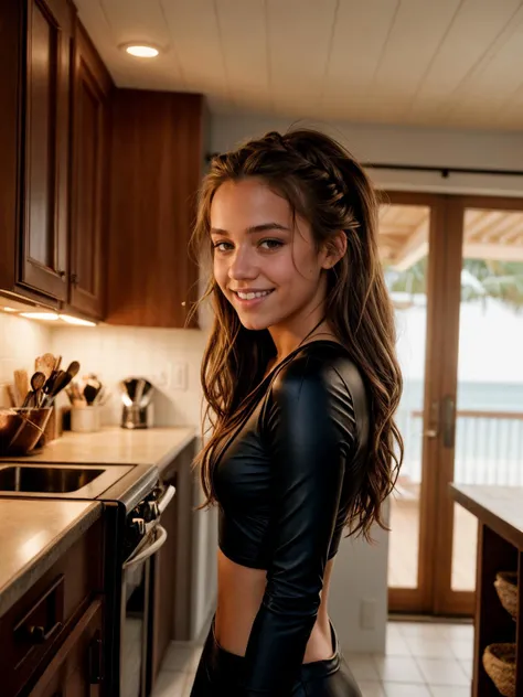<lora:add_detail:1>, TrualityCampus_Fixi_Hartmann professional photo, crown braid hair, perfect eyes, wearing Boyfriend shirt and leather leggings, gorgeous smile, A bustling kitchen with copper pots and pans, costume makeup, perfect teeth, low lighting, moody, large depth of field, deep depth of field, highly detailed, three quarter shot