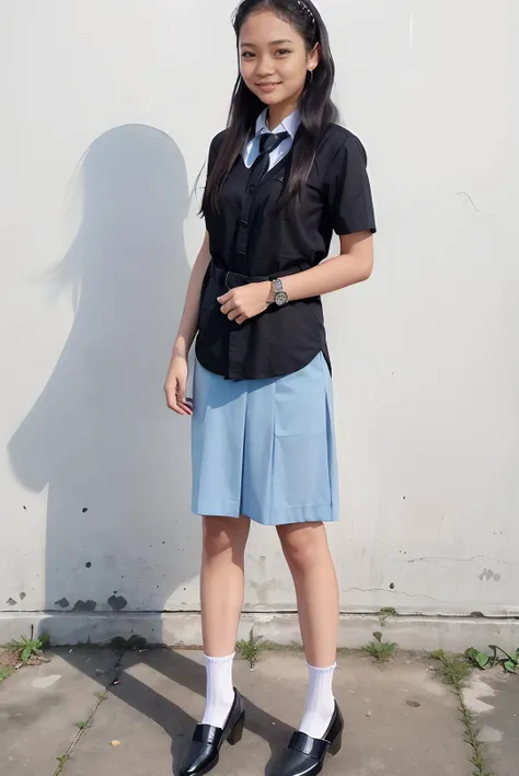 ((masterpiece)), ((best quality)), ((detailed)), ((realistic)), ((nikon RAW photo, 8K, Fujifilm XT3, HDR10+, high-res, depth of field, huge filesize, low-angle shot)), (1girl, solo, standing straight, arms at side, spreading arms), ((((full body:1.5), small breast:1.4, slender body:1.3, body height 163 cm, body weight 48 Kg, realistic body, 21 years old, 34D Cup))), (photorealistic:1.4), photorealism, photography, hyperrealistic, hyperdetailed, lots of details, extremely amazing finely detail, shoot by professional, professional photography, studio lighting, professional tuned lighting, outdoor, school park, photo session at school park, perfection, best of the best, professional model, photo model, tuned by professional, flirty, naughty, cute, extremely delicate beautiful, a dashing collected professional beauty woman, woman, girl, melly, long hair, hair parted at the back, white shirt, white collared shirt, grayish blue skirt, grayish blue necktie, osis, white socks, black loafers, indonesia high school uniform, indonesia sma school uniform, black rubber belt, short sleeves, bright smile, casual pose, beautiful pose, proportional, tucked in, looking at camera, gold necklace, gold small earrings, beautiful smile, beautiful face, beautiful body, perfect body, young adult, indonesian, Indonesia, SFW, cosplay, <lora:Javanese_Girl_V6:0.7>