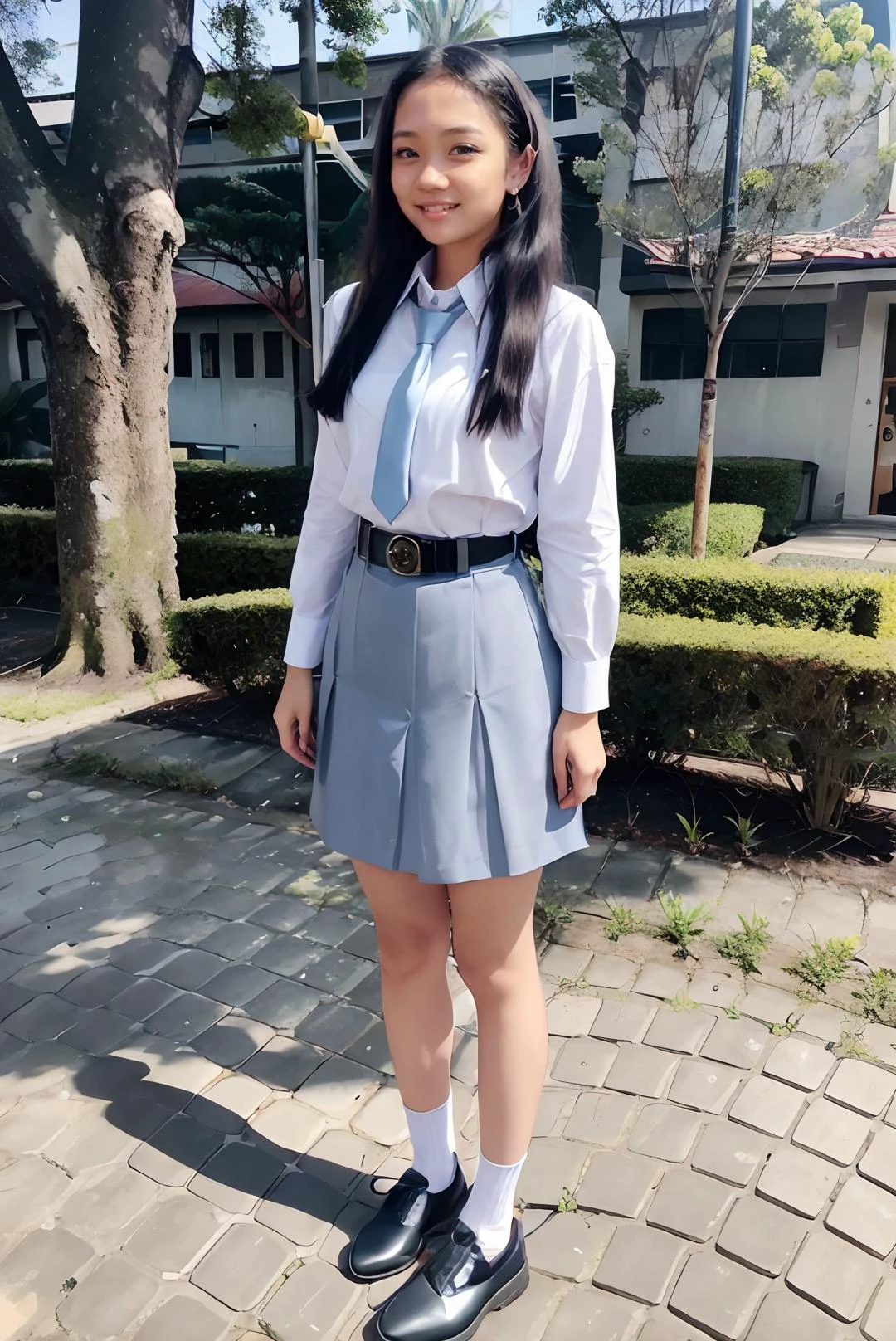 ((masterpiece)), ((best quality)), ((detailed)), ((realistic)), ((nikon RAW photo, 8K, Fujifilm XT3, HDR10+, high-res, depth of field, huge filesize, low-angle shot)), (1girl, solo, standing straight, arms at side, spreading arms), ((((full body:1.5), small breast:1.4, slender body:1.3, body height 160 cm, body weight 45 Kg, realistic body, 21 years old, 34D Cup))), (photorealistic:1.4), photorealism, photography, hyperrealistic, hyperdetailed, lots of details, extremely amazing finely detail, shoot by professional, professional photography, studio lighting, professional tuned lighting, outdoor, school park settings, park background, photo session at school park, perfection, best of the best, professional model, photo model, tuned by professional, flirty, cute, extremely delicate beautiful, a dashing collected professional beauty woman, woman, girl, melly, long hair, hair parted at the back, white shirt, white collared shirt, grayish blue skirt, gray skirt, grayish blue necktie, OSIS, white socks, black loafers, indonesia high school uniform, indonesia sma school uniform, osis logo on left chest, black formal women's belt, black rubber belt, short sleeves, dress politely and neatly, beautiful smile, flirty pose, beautiful pose, proportional, tucked in, looking at camera, gold necklace, gold small earrings, beautiful smile, beautiful face, beautiful body, perfect body, young adult, indonesian, Indonesia, SFW, cosplay, <lora:Javanese_Girl_V6:0.7>