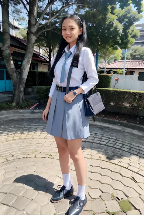 ((masterpiece)), ((best quality)), ((detailed)), ((realistic)), ((nikon RAW photo, 8K, Fujifilm XT3, HDR10+, high-res, depth of field, huge filesize, low-angle shot)), (1girl, solo, standing, arms at side, spreading arms), ((((full body:1.5), small breast:1.4, slender body:1.3, body height 160 cm, body weight 45 Kg, realistic body, 21 years old, 34D Cup))), (photorealistic:1.4), photorealism, photography, hyperrealistic, hyperdetailed, lots of details, extremely amazing finely detail, shoot by professional, professional photography, studio lighting, professional tuned lighting, outdoor, school park settings, park background, photo session at school park, perfection, best of the best, professional model, photo model, tuned by professional, flirty, cute, extremely delicate beautiful, a dashing collected professional beauty woman wearing indonesia high school uniform, woman, girl, melly, long hair, hair parted at the back, short-sleeved white shirt, white collared shirt, grayish blue skirt, gray skirt, grayish blue necktie, OSIS, white socks, black loafers, indonesia high school uniform, indonesia sma school uniform, osis logo on left chest, black formal women's belt, dress politely and neatly, beautiful smile, (flirty pose:1.2), proportional, tucked in, looking at camera, gold necklace, gold small earrings, beautiful smile, beautiful face, beautiful body, perfect body, young adult, indonesian, Indonesia, SFW, cosplay, <lora:Javanese_Girl_V6:0.7>