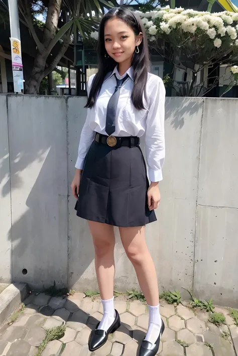 ((masterpiece)), ((best quality)), ((detailed)), ((realistic)), ((nikon RAW photo, 8K, Fujifilm XT3, HDR10+, high-res, depth of field, huge filesize, low-angle shot)), (1girl, solo, standing straight, arms at side, spreading arms), ((((full body:1.5), small breast:1.4, slender body:1.3, body height 160 cm, body weight 45 Kg, realistic body, 21 years old, 34D Cup))), (photorealistic:1.4), photorealism, photography, hyperrealistic, hyperdetailed, lots of details, extremely amazing finely detail, shoot by professional, professional photography, studio lighting, professional tuned lighting, outdoor, school park settings, park background, photo session at school park, perfection, best of the best, professional model, photo model, tuned by professional, flirty, cute, extremely delicate beautiful, a dashing collected professional beauty woman, woman, girl, melly, long hair, hair parted at the back, white shirt, white collared shirt, grayish blue skirt, gray skirt, grayish blue necktie, OSIS, white socks, black loafers, indonesia high school uniform, indonesia sma school uniform, osis logo on left chest, black formal women's belt, black rubber belt, short sleeves, dress politely and neatly, beautiful smile, flirty pose, beautiful pose, proportional, tucked in, looking at camera, gold necklace, gold small earrings, beautiful smile, beautiful face, beautiful body, perfect body, young adult, indonesian, Indonesia, SFW, cosplay, <lora:Javanese_Girl_V6:0.7>