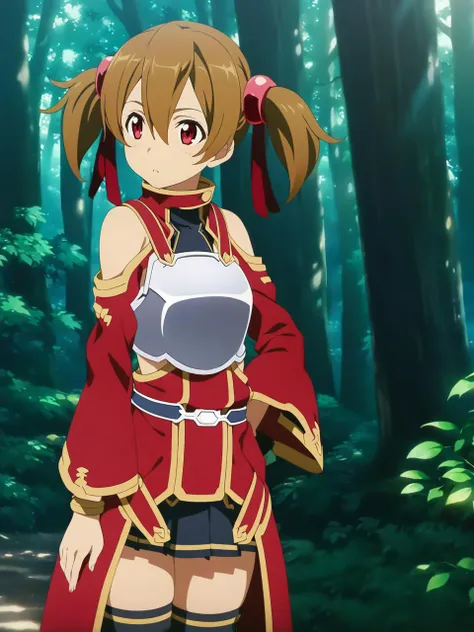 silicabase, brown hair, short twintails, red eyes, armor, pleated skirt, thighhighs, bare shoulders, breastplate, hair ribbon, 1girl, solo
BREAK
standing, outdoors, dense forest, dappled sunlight, depth of field, cinematic, game cg, anime screencap, official art, masterpiece, best quality
<lora:dssilica_a3b:1>