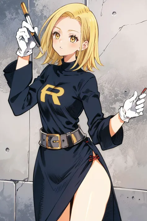 (masterpiece, best quality), intricate details,
1girl, <lora:elaine-nvwls-v2:0.8> sdsElaine, blonde hair, yellow eyes,
<lora:TMRckt:0.8> TMRckt,team rocket uniform, ((clothes writing)), white gloves,