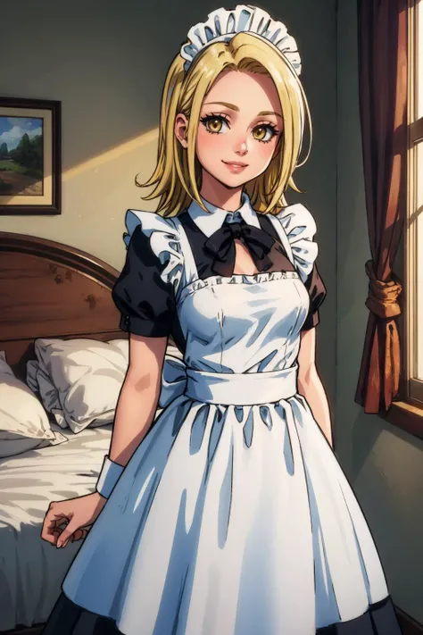 masterpiece, best quality, sdsElaine, maid dress, house, bedroom, looking at viewer, smile, maid headdress <lora:elaine-nvwls-v2-000010:0.9>