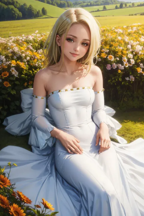 masterpiece, best quality, sdsElaine, white dress, bare shoulders, detached sleeves, flower patch, field, lying on back, looking at viewer, smile <lora:elaine-nvwls-v2-000010:0.9>