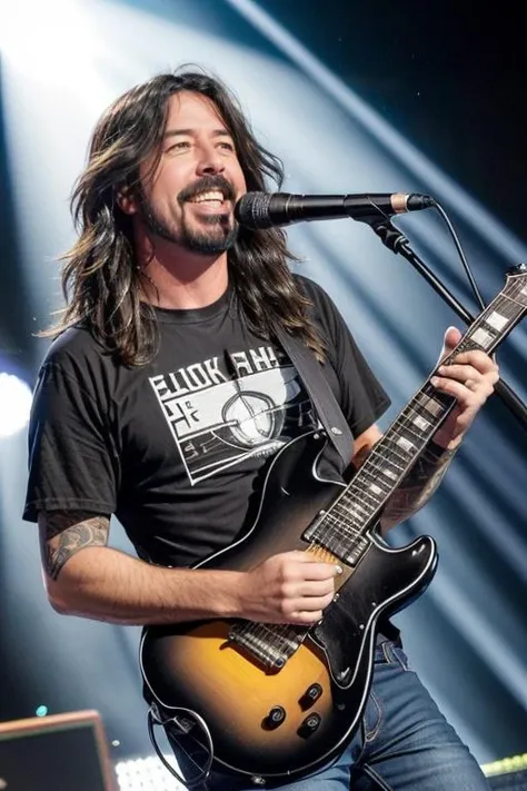 one man, dave grohl, black hair, brown eyes, wearing, black tee shirt, denim black jeans, playing blue electric guitar and singing in a stadium, perfect face, perfect body, ultra-detailed face, ultra-detailed eyes, looking at viewver <lora:anime_guitarv1:0.4> <lora:Dave Grohl:0.5> <lora:add_detail:0.2>