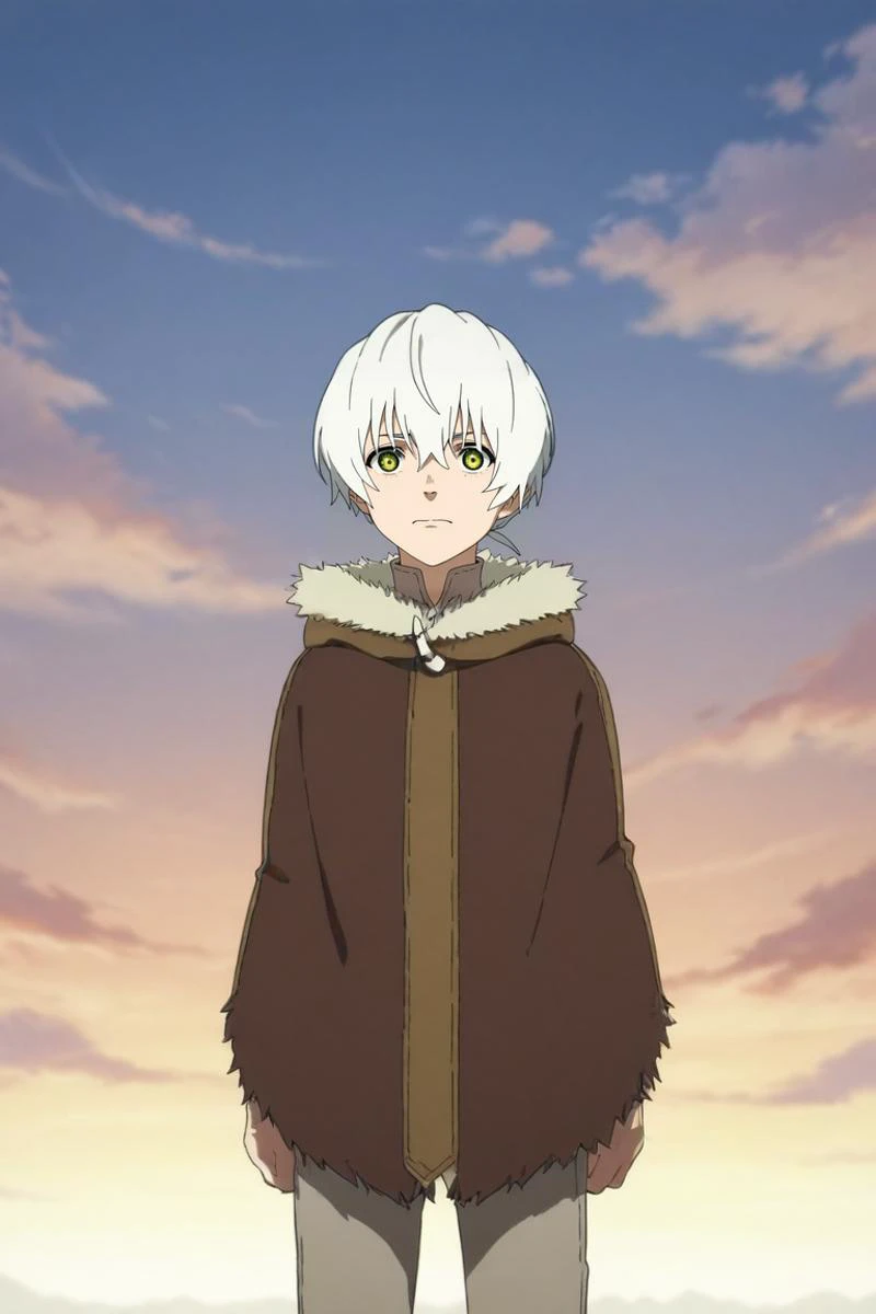 score_9, score_8_up, score_7_up, source_anime, rating_safe, intricate details, , , , 1boy, solo, male focus, <lora:fushi_fumetsu_pony:0.86>, fushi_fumetsu, white hair, green eyes, short hair, hair between eyes, bangs, ponytail, fur trim, brown cape, cloak, wide angle, wide shot, full body, disneyland, day, clouds, singing, wavy mouth, , <lora:sdxl_lightning_8step_lora:1>