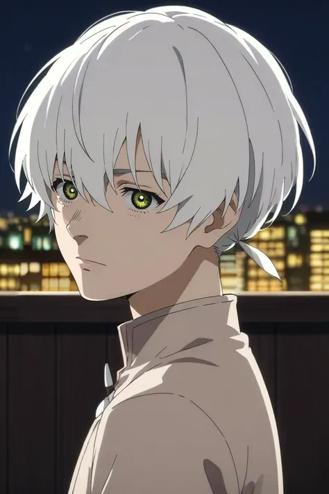 score_9, score_8_up, score_7_up, source_anime, rating_safe, , anime screencap, , , looking at viewer, , 1boy, solo, male focus, <lora:fushi_fumetsu_pony:1>, fushi_fumetsu, white hair, green eyes, short hair, hair between eyes, bangs, ponytail, , from side, city, city lights, indoors, light, paw pose, tearing up, , <lora:sdxl_lightning_8step_lora:1>