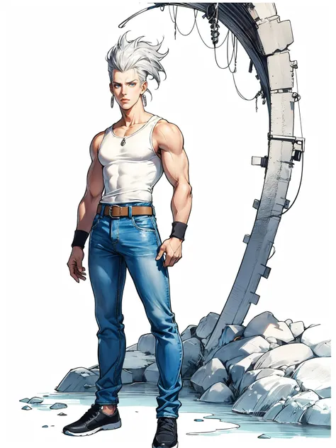 hezi, jojo style, manga, hand drawn style, jean pierre polnareff, solo, 1boy, male focus, jewelry, earrings, muscular, wristband, grey hair, pouch, blue eyes, pants, full body, official style, no eyebrows, belt, white background, traditional media, bare shoulders, simple background, marker \(medium\), realistic, veins, manly, standing