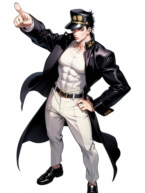 hezi, jojo style, manga, hand drawn style, kujo jotaro, 1boy, solo, pointing, hat, male focus, school uniform, gakuran, jojo pose, long coat, chain, black hair, traditional media, pointing at viewer, belt, full body, white background, simple background, hand on hip, muscular, standing
