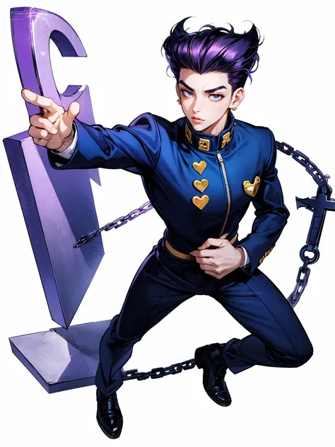 hezi, jojo style, manga, hand drawn style, solo, male focus, 1boy, school uniform, higashikata josuke, gakuran, pompadour, peace symbol, heart, full body, purple hair, anchor symbol, brooch, jewelry, earrings, clenched hand, foreshortening, zipper, blue hair, black hair, white background, purple eyes, stud earrings, blue eyes