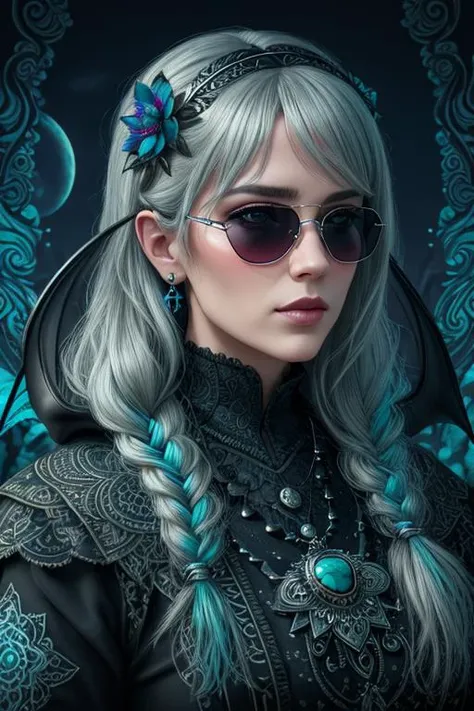(ultra-realistic), portrait, zentangle, skill, colorful, artstation, (cinematic), high quality, perfect female figure, ultra-detailed, dreamy atmosphere, fantastic, silver sunglasses, mysterious, majestic, fantasy, black sun, (((malicious))), Charm, (((realistic:1.2)), best quality), 1girl, (turquoise flowers), 8k, <lora:bluestyle-000005:0.5>, (realistic), trending on ArtStation, (moon:1.1), fire, verdant
