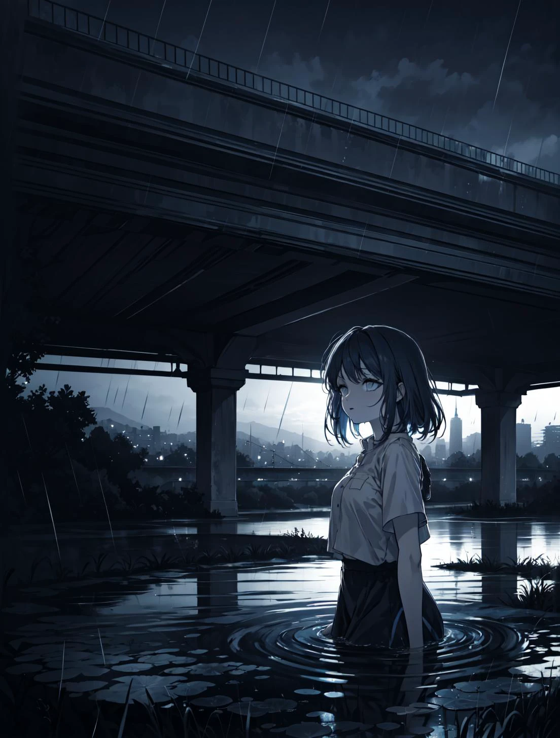 phblue, scenery, no humans, landscape, (masterpiece,best quality:1.4), blue theme, city, dusk, 1girl, rain,cowboy shot, close up, <lora:bluestyle-000005:0.5>,