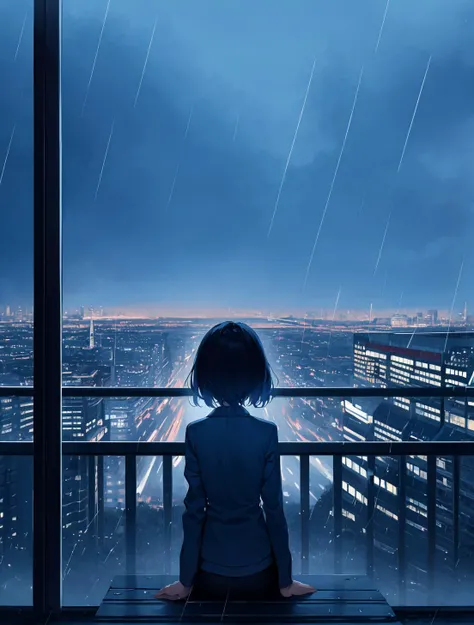 phblue, scenery, no humans, landscape, (masterpiece,best quality:1.4), blue theme, city, dusk, 1girl, rain,cowboy shot, close up, <lora:bluestyle-000005:0.5>,