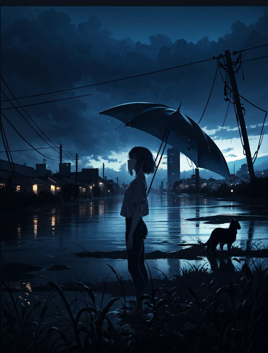 phblue, scenery, no humans, landscape, (masterpiece,best quality:1.4), blue theme, city, dusk, 1girl, rain,cowboy shot, close up, <lora:bluestyle-000005:0.5>,