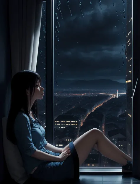 phblue, scenery, no humans, landscape,  (masterpiece,best quality:1.4),cityscape,night, city lights, blue theme,sitting  before the window, dusk, 1girl, rain, close up,, <lora:bluestyle-000005:0.5>
