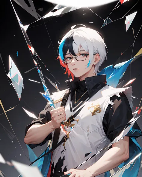 anime character with white hair and glasses holding a sword