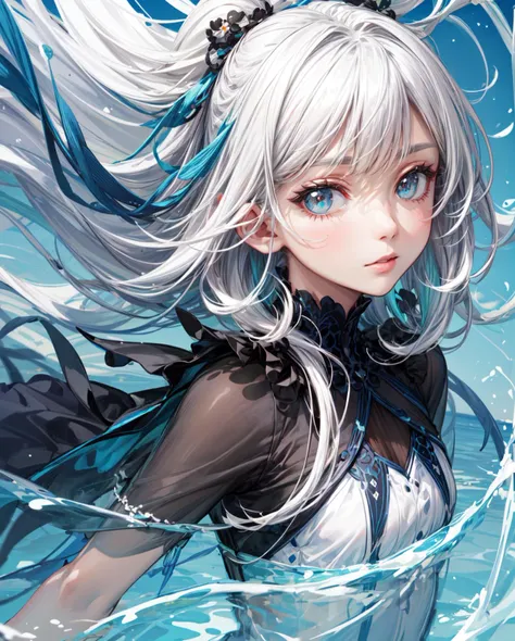 a woman with long white hair and blue eyes in water