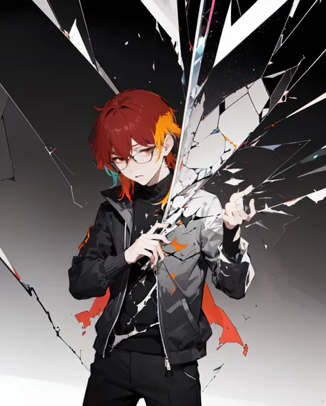 masterpiece, best quality, highres, high quality, 1boy, solo, male focus, multicolored hair, realistic, magical background, (2D:1.2),(flat color:1.2),(colorful:1.4), (shattered glass background:1.3), (spectral:1.1)