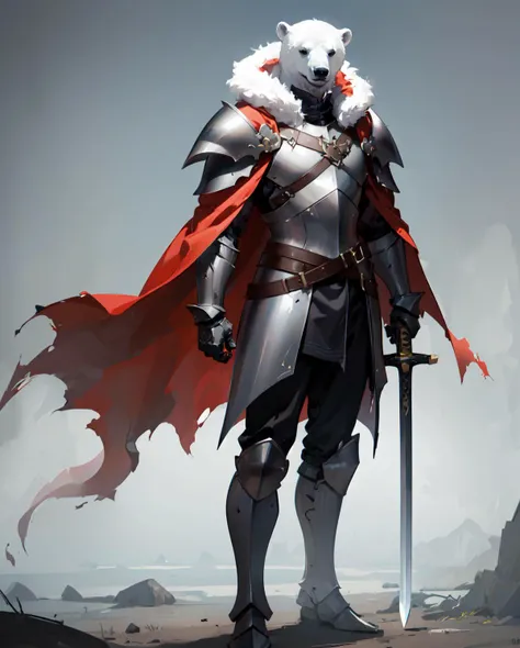 weapon, armor, sword, solo, polar bear, gauntlets, male focus, (holding sword:1.2), cape, holding weapon, holding, planted, glowing, full armor, greaves, black armor, shoulder armor, torn clothes, standing, fur trim, red cape, glowing weapon, breastplate, planted sword, (masterpiece:1.1)