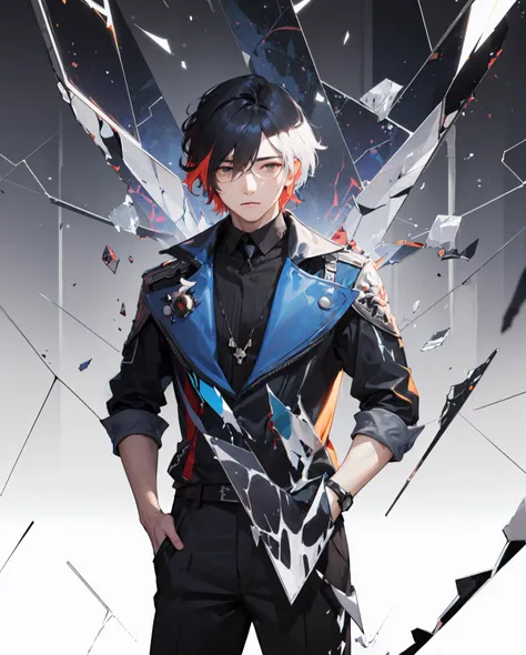 masterpiece, best quality, highres, high quality, 1boy, solo, male focus, multicolored hair, realistic, magical background, (2D:1.2),(colorful:1.4), (shattered glass background:1.3), (spectral:1.1)