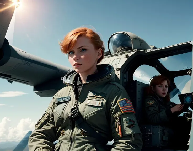 <lora:SvemaColor:0.6>,Highly detailed cinematic film still of a woman (flying a spaceship), short ginger hair, military flight jacket, military flight shorts, combat boots, space background, natural lighting, realistic skin, shot on Svema_Color