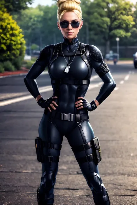 <lora:CassieCage:0.7>, blonde hair, undercut, single hair bun, dog tags, bodysuit, looking at viewer, sunglasses, outdoors, fingerless gloves, hands on hips, , masterpiece, hires